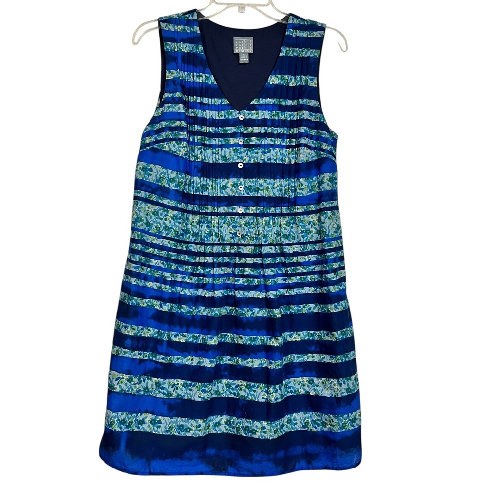 Rabbit Rabbit Rabbit Designs Blue Floral Stripe Sleeveless Dress Pintuck Pleats